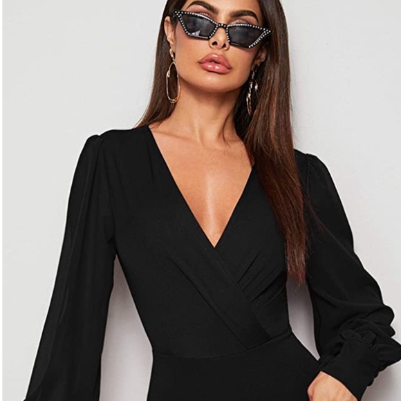 Women's Deep V Neck Long Sleeve Solid Wrap Surplice Bodysuit - Picture 2 of 3